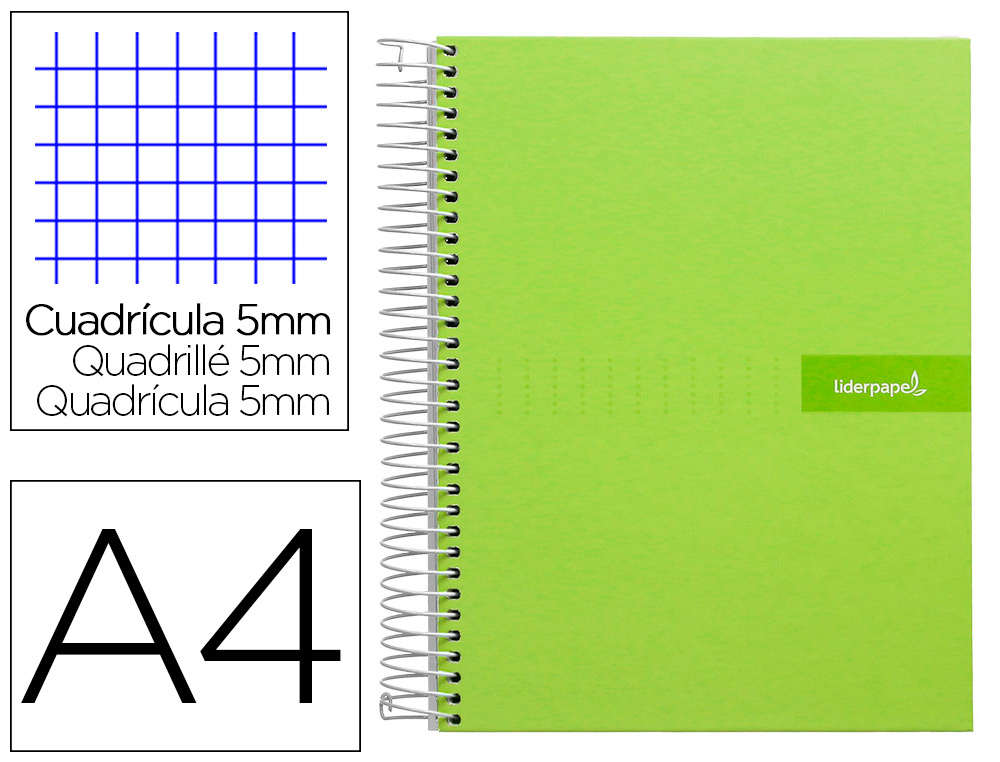 CUADERNO ESPIRAL LIDERPAPEL A4 MICRO CRAFTY TAPA FORRADA 120H 90 GR CUADRO 5MM 5 BANDAS 4 COLORES COLOR VERDE