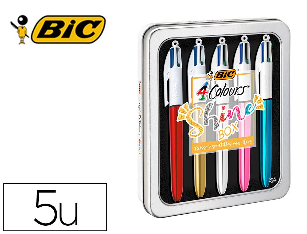 BOLIGRAFO BIC CUATRO COLORES SHINE BOX CAJA METALICA 5 UNIDADES SURTIDAS