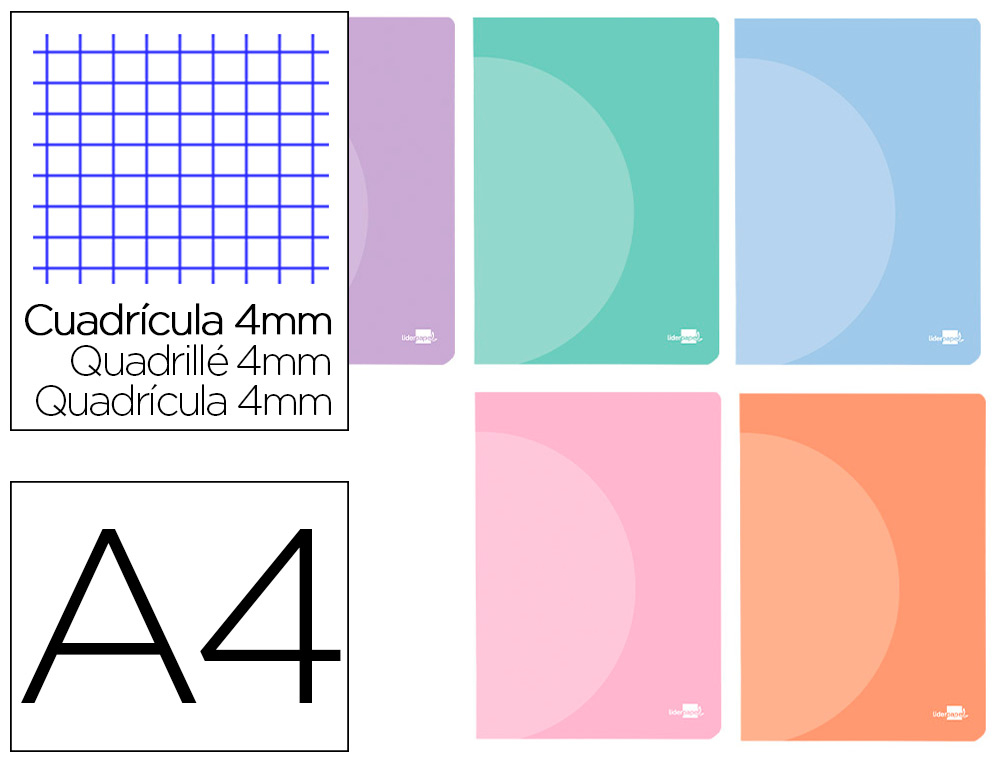 LIBRETA LIDERPAPEL 360 TAPA DE PLASTICO A4 48 HOJAS 90G/M2 CUADRO 4MM CON MARGEN COLORES PASTEL SURTIDOS