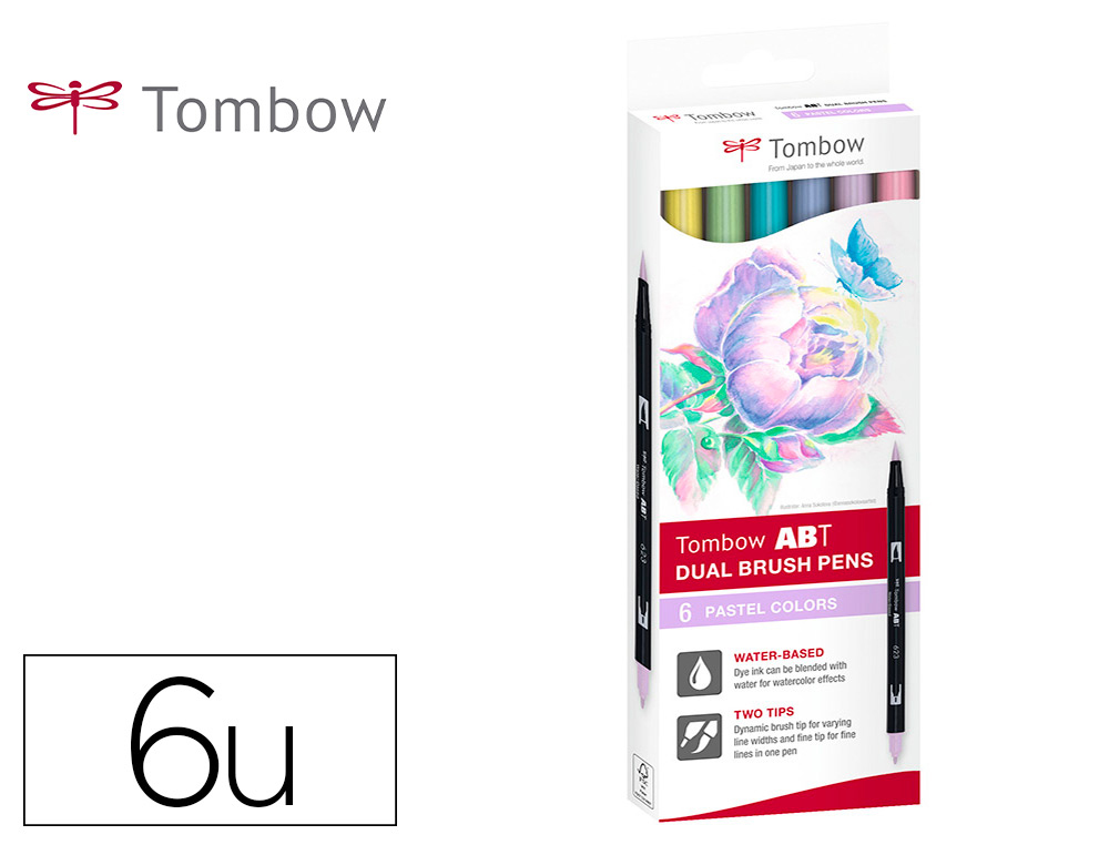 ROTULADOR TOMBOW ABT DUAL BRUSH ACUARELABLE DOBLE PUNTA FINA/PINCEL ESTUCHE DE 6 COLORES PASTEL