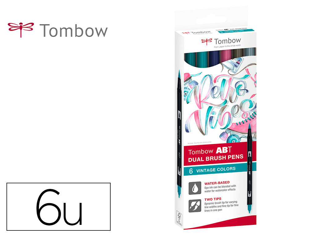 ROTULADOR TOMBOW ABT DUAL BRUSH ACUARELABLE DOBLE PUNTA FINA/PINCEL ESTUCHE DE 6 COLORES VINTAGE