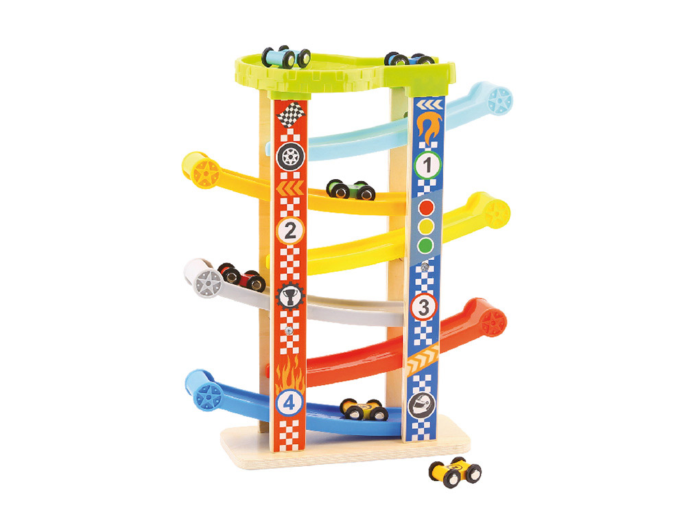 JUEGO INFANTIL IMAGINOVO MADERA TORRE DE DESLIZAMIENTO CON 7 NIVELES INCLUYE 6 COCHES +18 MESES 38X32X14CM