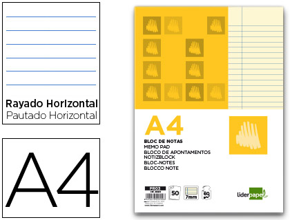 BLOC NOTAS LIDERPAPEL ENCOLADO A4 RAYADO HORIZONTAL 50 HOJAS 80 GR COLOR AMARILLO