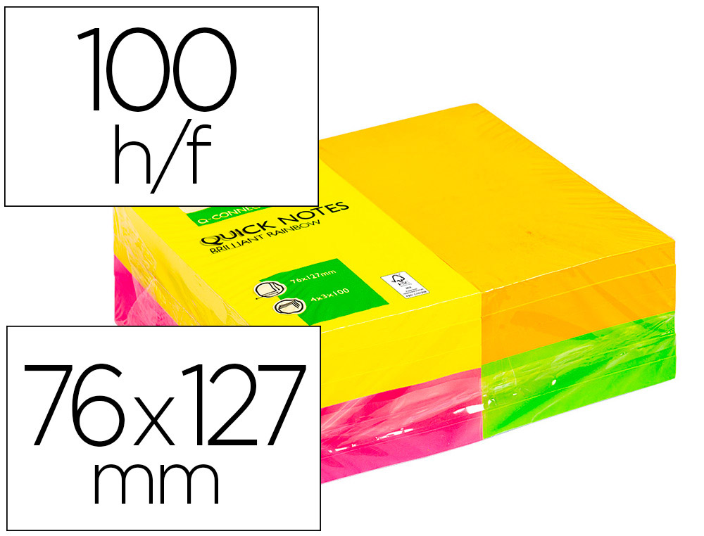 BLOC DE NOTAS ADHESIVAS QUITA Y PON Q-CONNECT 127X76 MM FSC 100 HOJAS FLUORESCENTES PACK DE 12 -SURTIDAS EN 4 COLORES