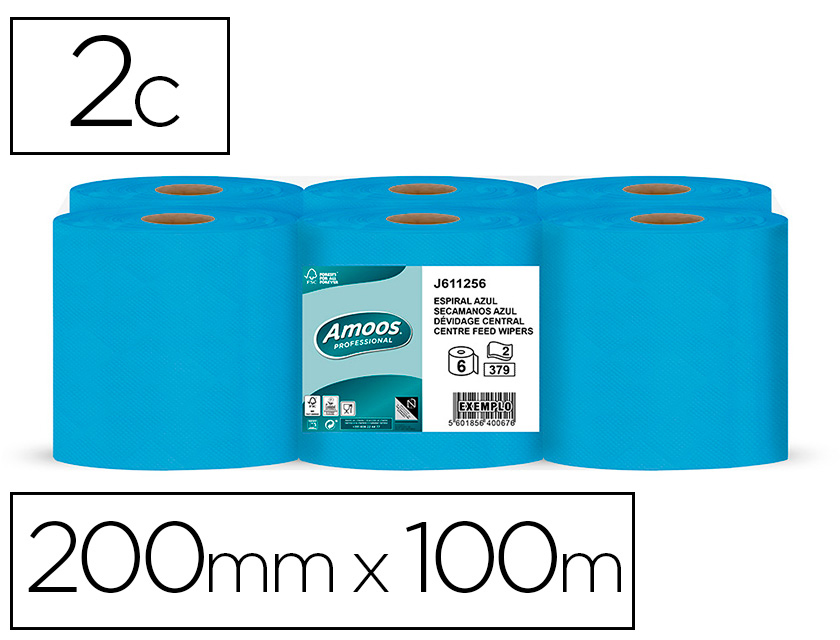 PAPEL SECAMANOS AMOOS 2 CAPAS PROFESSIONAL 200 MM X 125 MT COLOR AZUL PAQUETE DE 6 ROLLOS