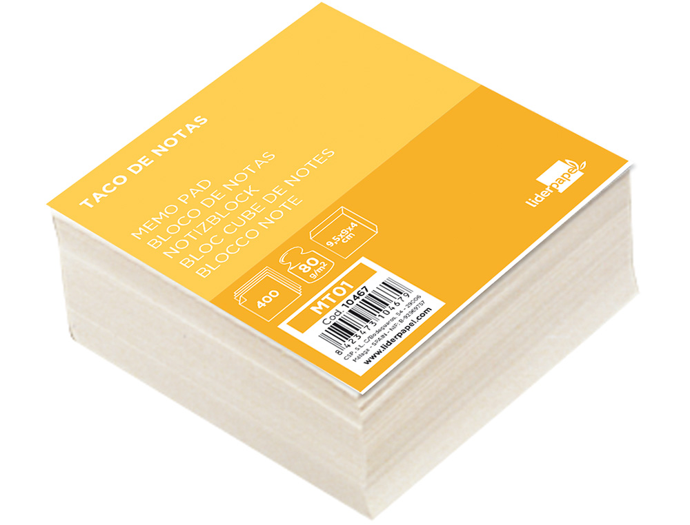 TACO PAPEL LIDERPAPEL SIN ENCOLAR BLANCO 400 HOJAS 95X90X40 MM 80 GR
