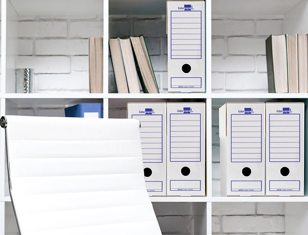 CAJA ARCHIVO DEFINITIVO LIDERPAPEL FOLIO CARTON RECICLADO 400G/M2 LOMO 100 MM BLANCO 365X100X251 MM