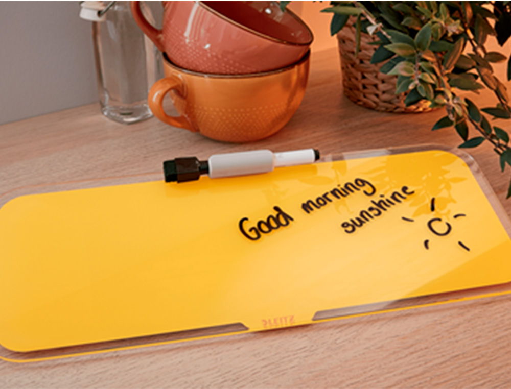 PIZARRA LEITZ COSY SOBREMESA CRISTAL CON ROTULADOR Y BORRADOR AMARILLO 150X60X380 MM