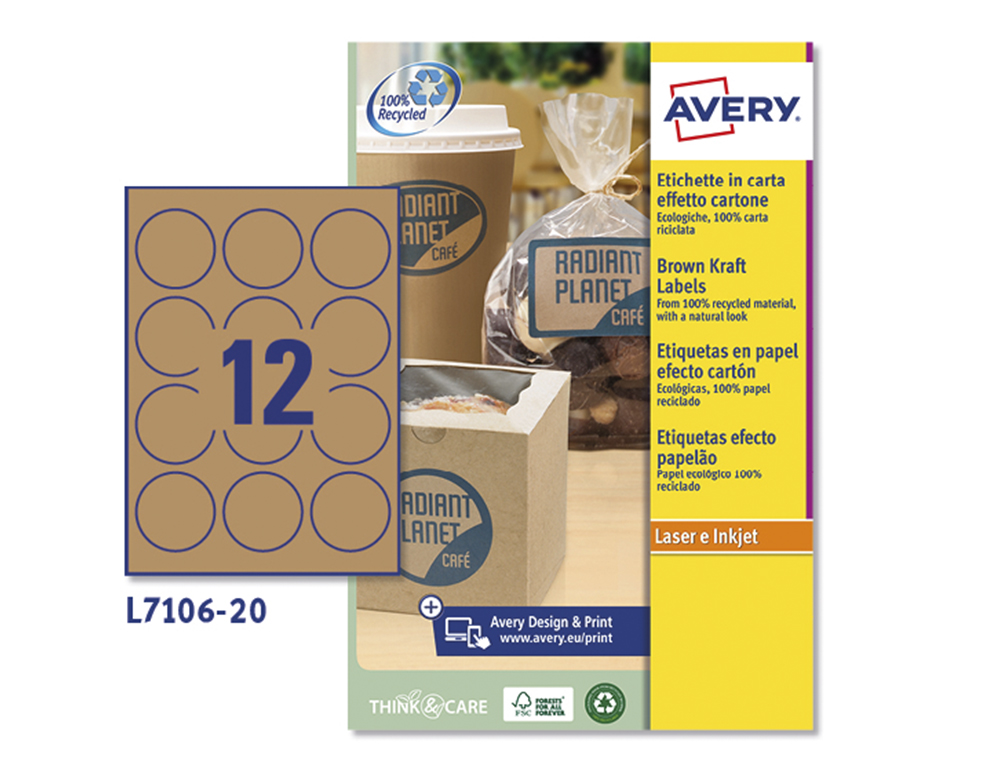 ETIQUETA ADHESIVA AVERY KRAFT EFECTO CARTON REDONDA 60 MM REMOVIBLE PARA LASER INK-JET CAJA DE 300 UNIDADES