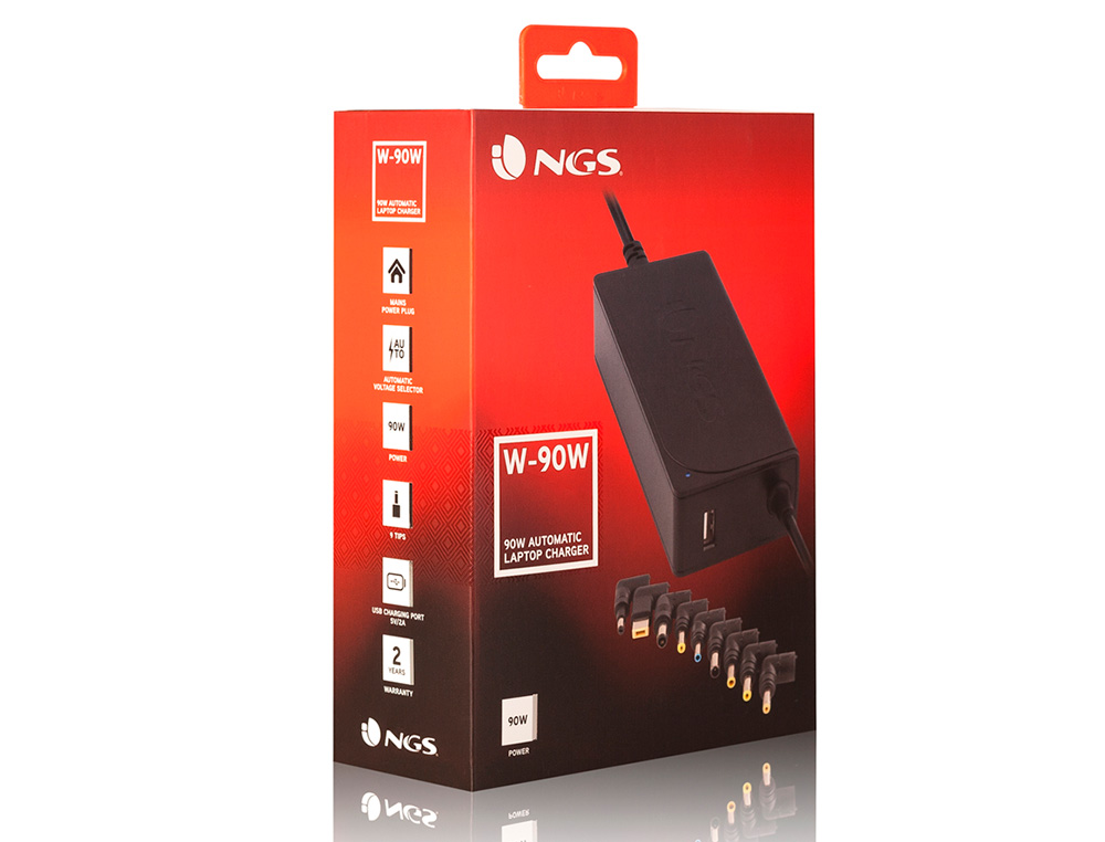 ADAPTADOR DE CORRIENTE NGS AUTOMATIC 90W CON 9 ADAPTADORES Y SALIDA USB 2A