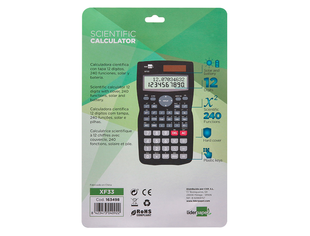 CALCULADORA LIDERPAPEL CIENTIFICA XF33 12 DIGITOS 240 FUNCIONES CON TAPA SOLAR Y PILAS COLOR NEGRO 156X85X20