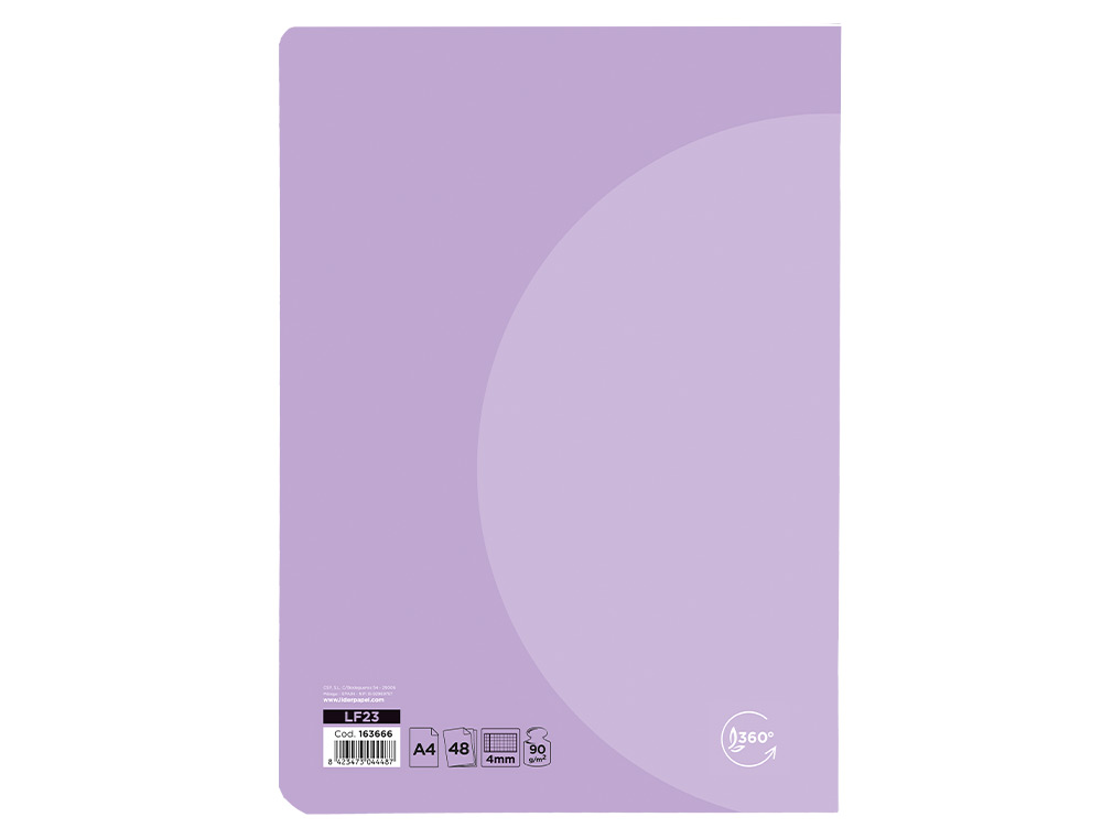 LIBRETA LIDERPAPEL 360 TAPA DE PLASTICO A4 48 HOJAS 90G/M2 CUADRO 4MM CON MARGEN COLORES PASTEL SURTIDOS