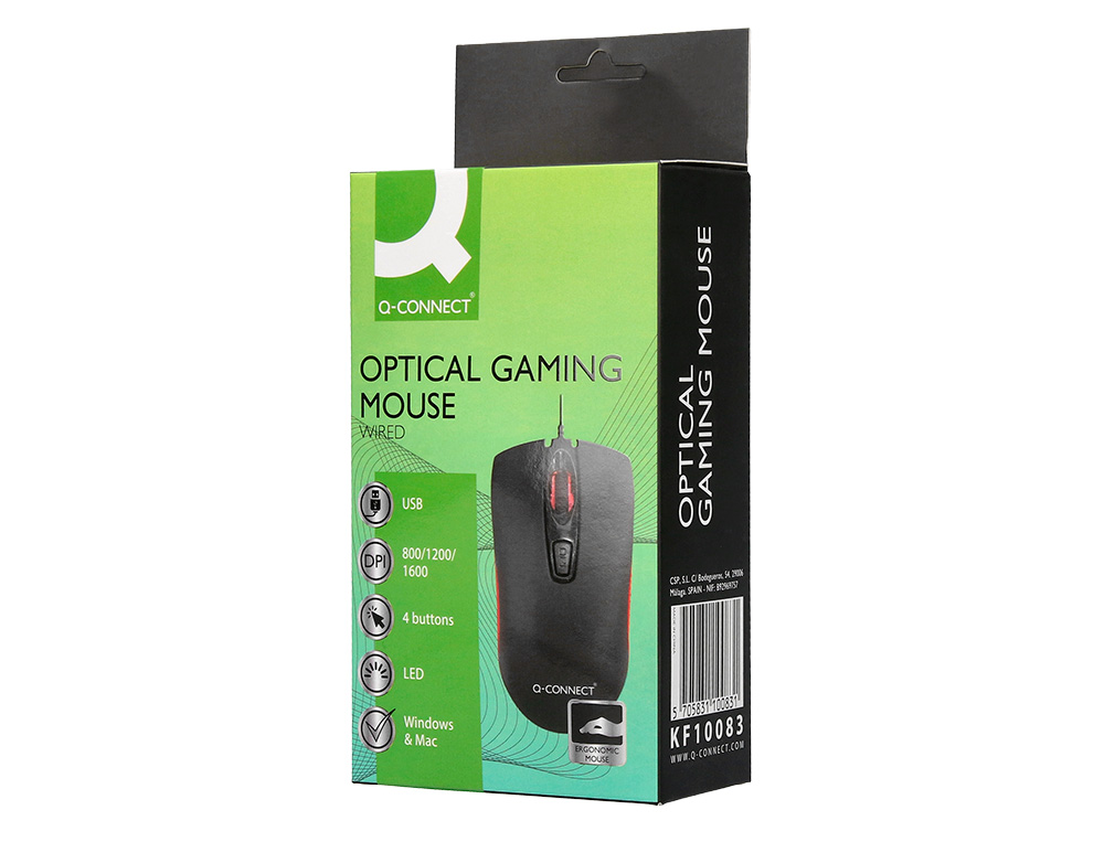 RATON Q-CONNECT OPTICO CON CABLE 800/1200/1600 DPI 4 BOTONES ILUMINACION LED NEGRO