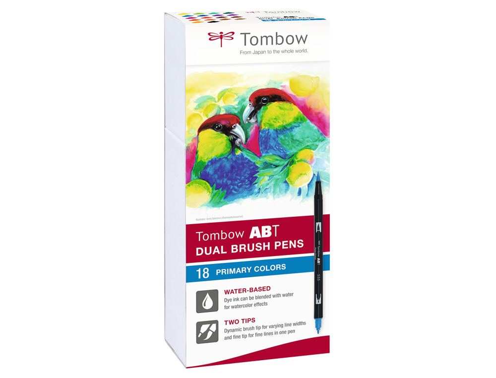 ROTULADOR TOMBOW ABT DUAL BRUSH ACUARELABLE DOBLE PUNTA FINA/PINCEL ESTUCHE DE 18 COLORES PRIMARIOS
