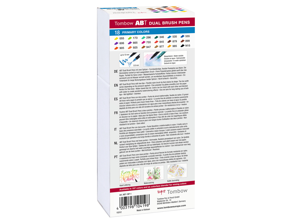 ROTULADOR TOMBOW ABT DUAL BRUSH ACUARELABLE DOBLE PUNTA FINA/PINCEL ESTUCHE DE 18 COLORES PRIMARIOS