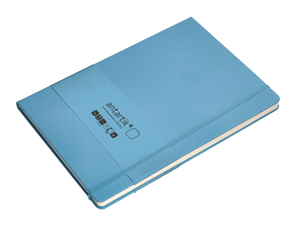 CUADERNO CON GOMILLA ANTARTIK NOTES TAPA DURA A4 HOJAS LISAS AZUL CLARO 100 HOJAS 80 GR FSC