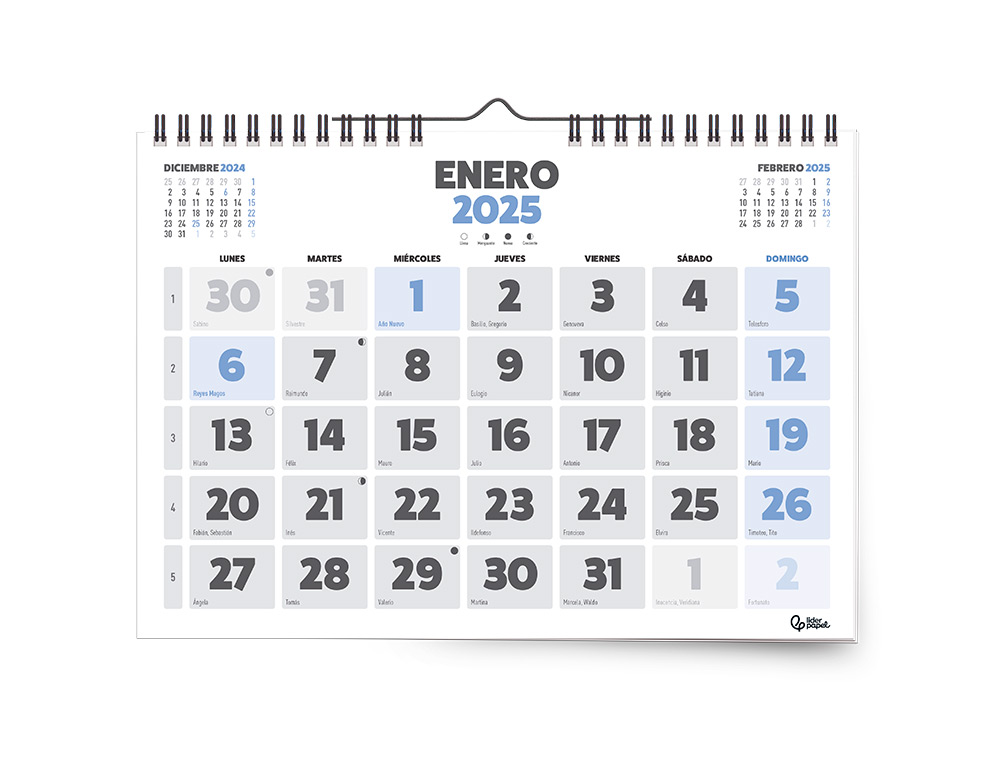 CALENDARIO ESPIRAL PARED LIDERPAPEL CLASICO 2025 NUMEROS GRANDES 44X32 CM PAPEL 128 GR