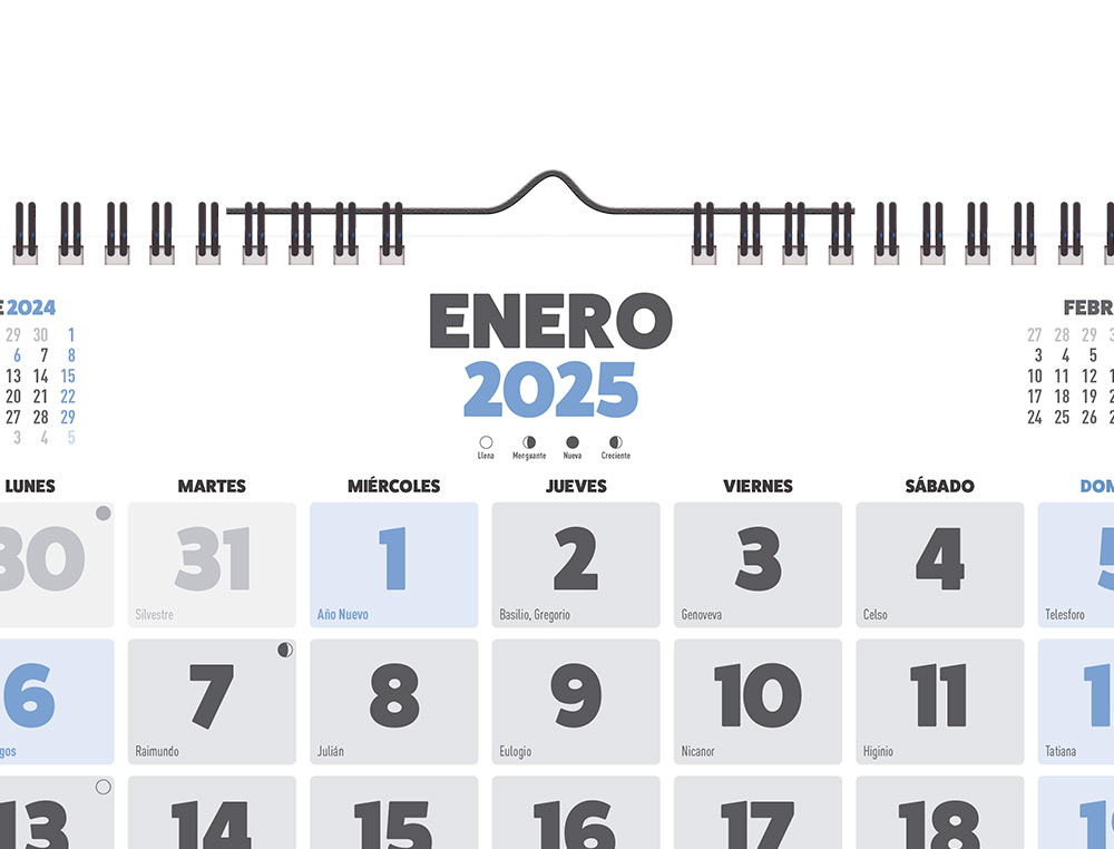 CALENDARIO ESPIRAL PARED LIDERPAPEL CLASICO 2025 NUMEROS GRANDES 44X32 CM PAPEL 128 GR