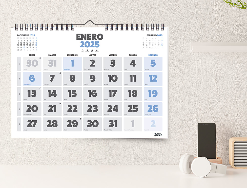 CALENDARIO ESPIRAL PARED LIDERPAPEL CLASICO 2025 NUMEROS GRANDES 44X32 CM PAPEL 128 GR
