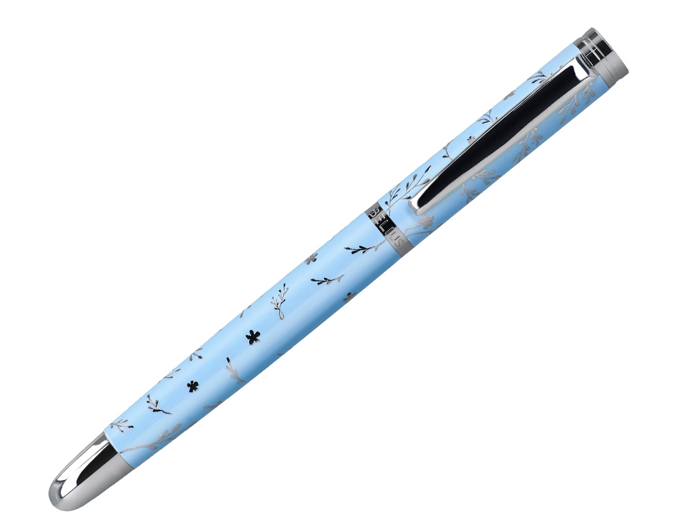 PLUMA BELIUS BELLA ALUMINIO COLOR AZUL CELESTE DISEÑO PLATEADO RELIEVE TINTA AZUL CAJA DE DISEÑO