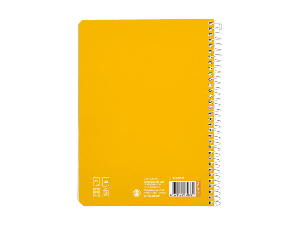 CUADERNO ESPIRAL LIDERPAPEL A5 PAUTAGUIA TAPA BLANDA 40H 75 GR CUADRO PAUTADO 4MM COLOR AMARILLO