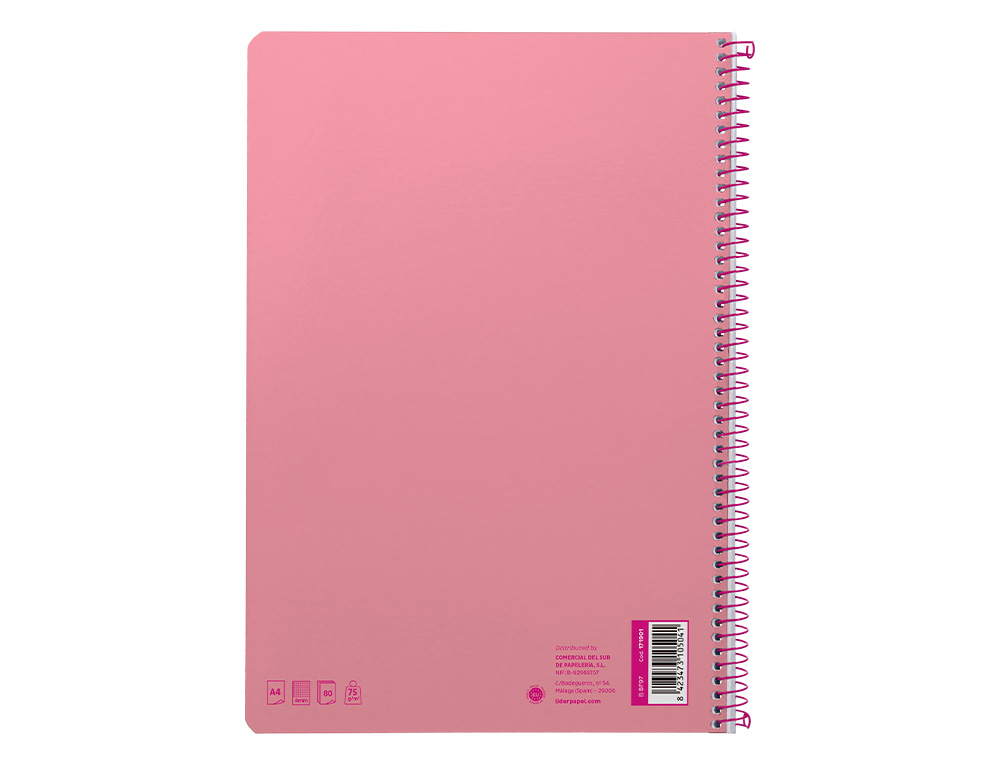 CUADERNO ESPIRAL LIDERPAPEL A4 SMART TAPA BLANDA 80H 75GR CUADRO 4MM CON MARGEN COLOR ROSA