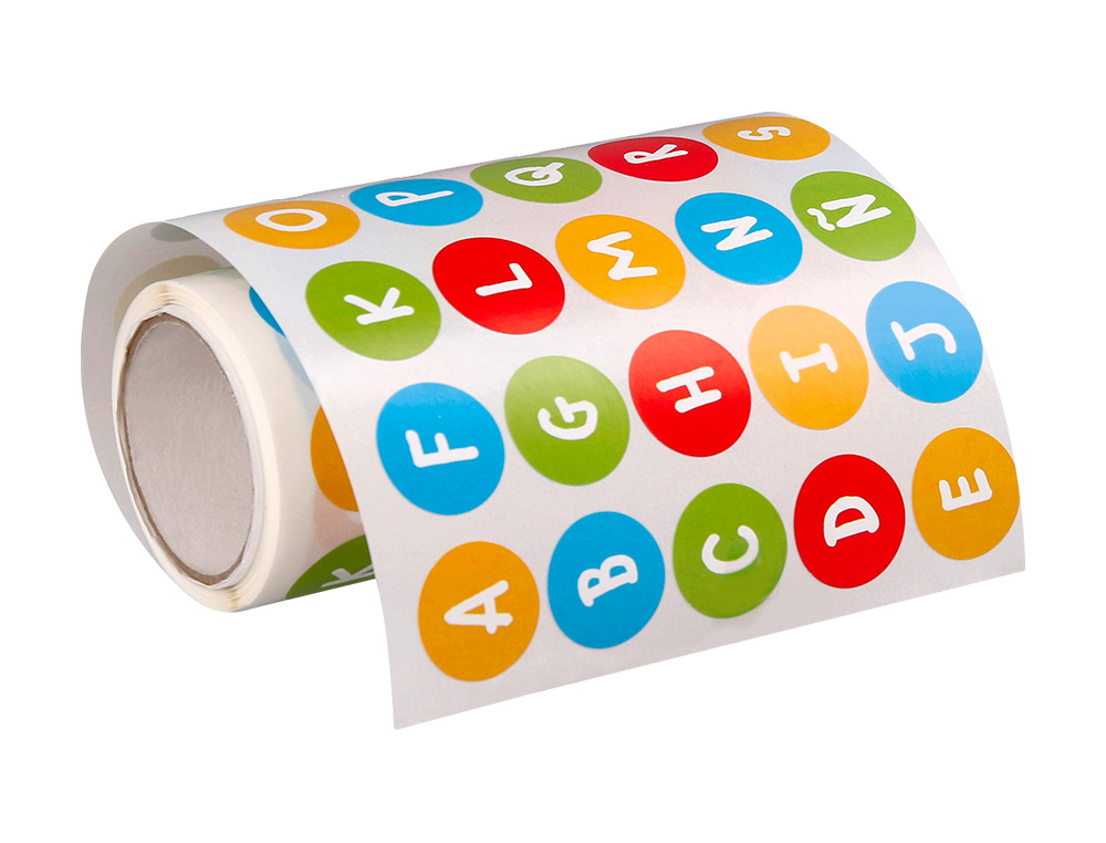 GOMETS LIDERPAPEL AUTOADHESIVO REDONDO ABECEDARIO 20 MM COLORES SURTIDOS ROLLO DE 1000 UNIDADES EN CAJA DE CARTON