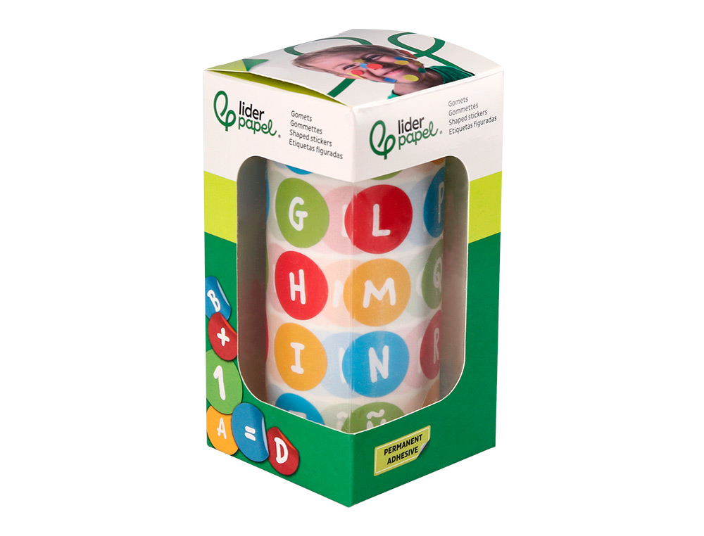 GOMETS LIDERPAPEL AUTOADHESIVO REDONDO ABECEDARIO 20 MM COLORES SURTIDOS ROLLO DE 1000 UNIDADES EN CAJA DE CARTON