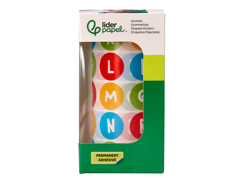 GOMETS LIDERPAPEL AUTOADHESIVO REDONDO ABECEDARIO 20 MM COLORES SURTIDOS ROLLO DE 1000 UNIDADES EN CAJA DE CARTON