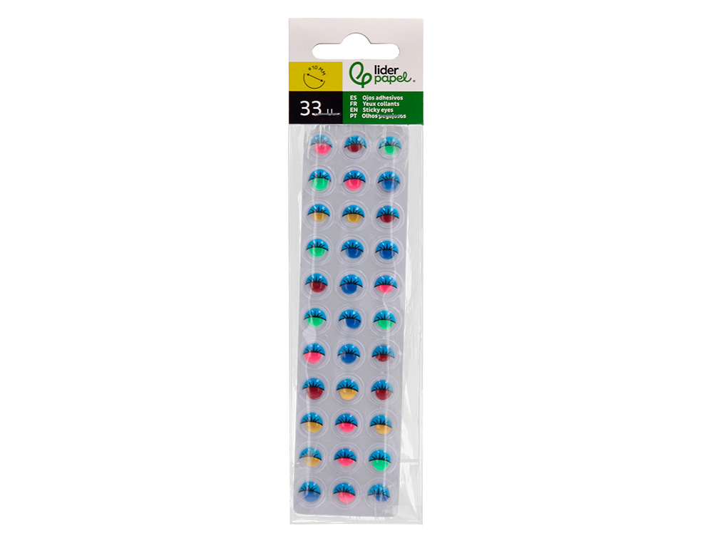 OJO ADHESIVO LIDERPAPEL 10 MM CON PUPILA DE COLOR Y PESTAÑA DE COLOR PACK DE 33 UNIDADES