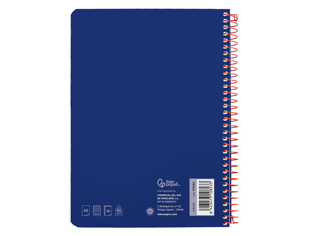 CUADERNO ESPIRAL LIDERPAPEL A5 WITTY TAPA DURA 80H 90GR CUADRO 4MM CON MARGEN COLOR AZUL MARINO