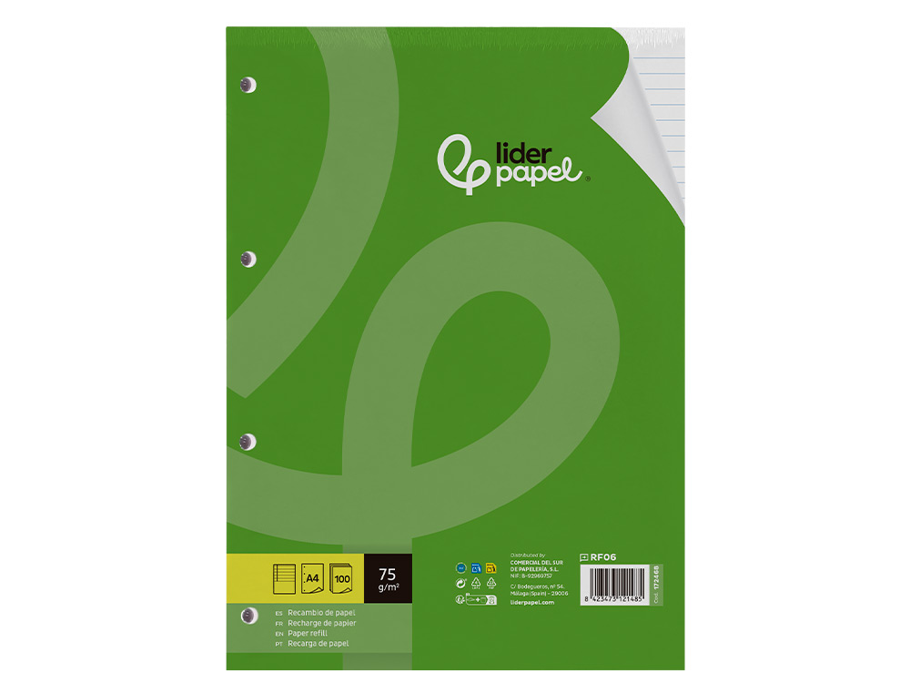 RECAMBIO LIDERPAPEL A4 100 HOJAS 75GR HORIZONTAL CON MARGEN 4 TALADROS