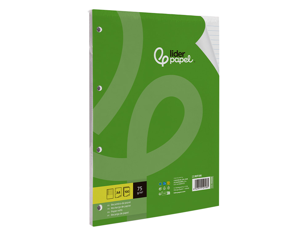 RECAMBIO LIDERPAPEL A4 100 HOJAS 75GR HORIZONTAL CON MARGEN 4 TALADROS