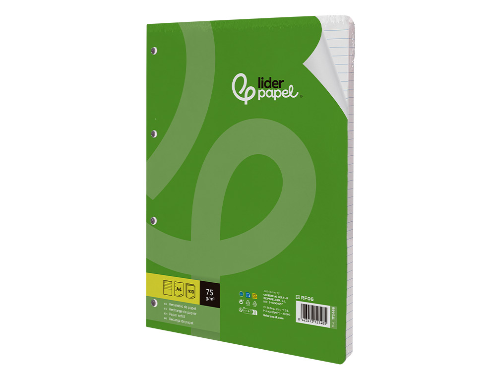 RECAMBIO LIDERPAPEL A4 100 HOJAS 75GR HORIZONTAL CON MARGEN 4 TALADROS