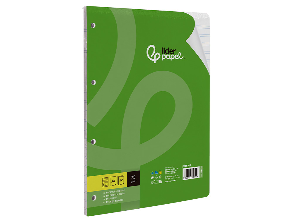 RECAMBIO LIDERPAPEL DIN A4 100 HOJAS 75 GR PAUTA 4 3.5MM CON MARGEN 4 TALADROS