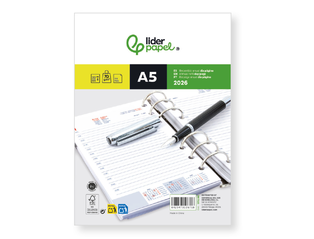 RECAMBIO AGENDA ANILLAS LIDERPAPEL 148X205 MM DIN A5 2026 DIA PAGINA PAPEL 70 GR FSC
