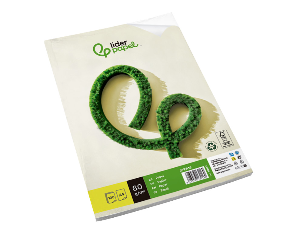 PAPEL LIDERPAPEL A4 80G/M2 RECICLADO LISO PAQUETE DE 100 HOJAS