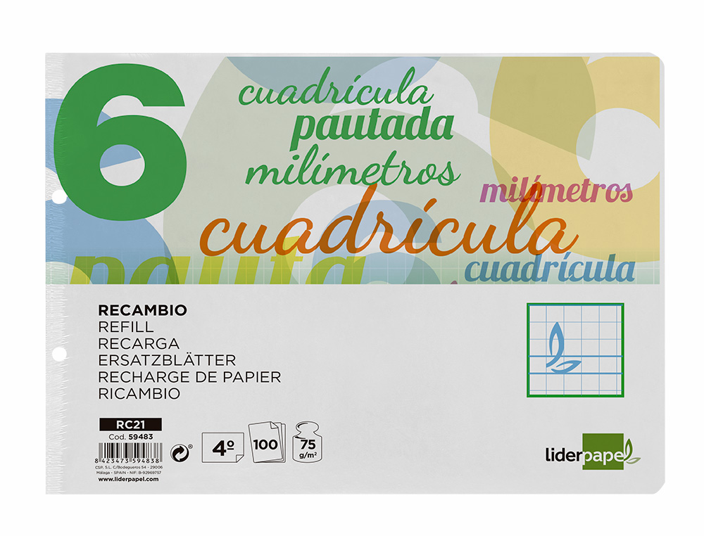 RECAMBIO LIDERPAPEL CUARTO APAISADO PAUTAGUIA 100 HOJAS 75 G CUADRICULADO PAUTADO 6MM CON MARGEN 2 TALADROS