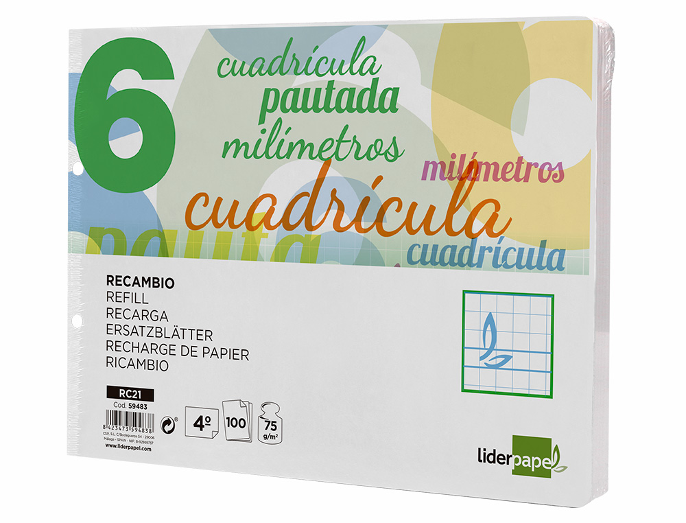 RECAMBIO LIDERPAPEL CUARTO APAISADO PAUTAGUIA 100 HOJAS 75 G CUADRICULADO PAUTADO 6MM CON MARGEN 2 TALADROS