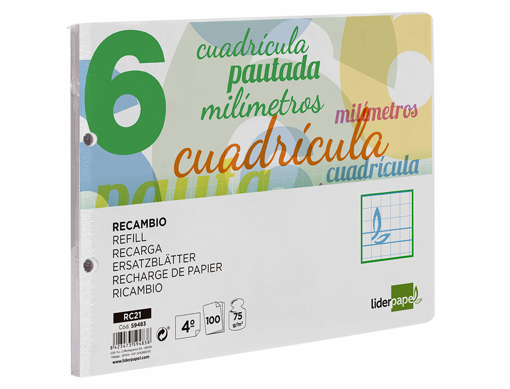 RECAMBIO LIDERPAPEL CUARTO APAISADO PAUTAGUIA 100 HOJAS 75 G CUADRICULADO PAUTADO 6MM CON MARGEN 2 TALADROS