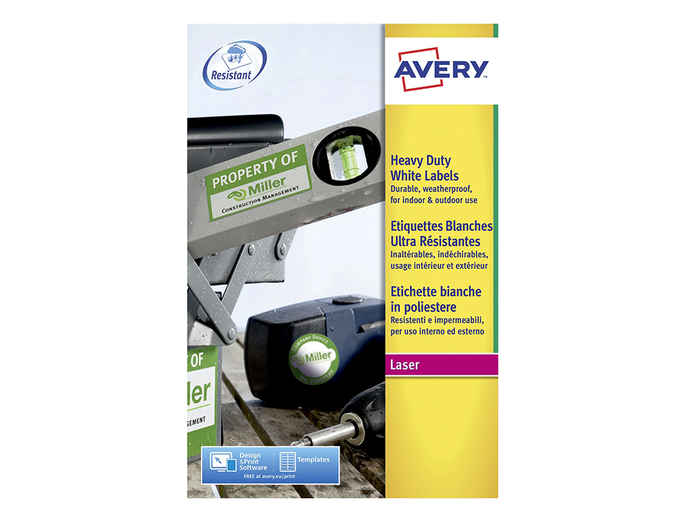 ETIQUETA ADHESIVA RESISTENTE AVERY POLIESTER BLANCA 210X297 MM LASER PACK DE 20 UNIDADES