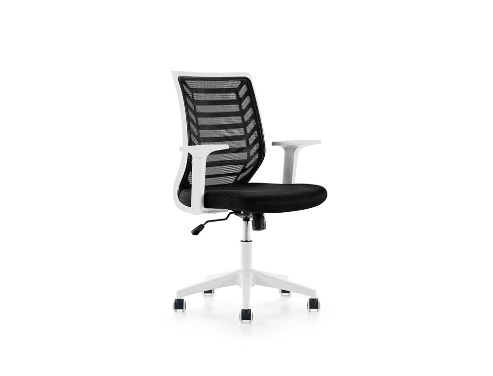 SILLA ROCADA DE OFICINA BRAZOS REGULABLES ESTRUCTURA BLANCA RESPALDO MALLA Y ASIENTO TELA IGNIFUGA AZUL