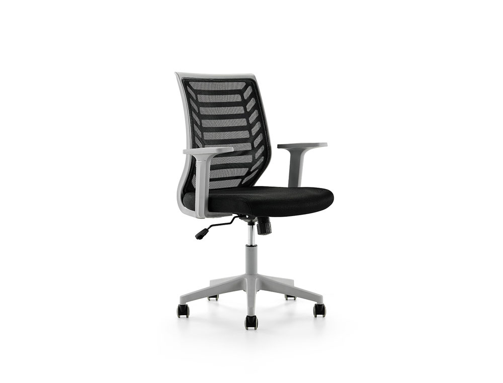SILLA ROCADA DE OFICINA BRAZOS REGULABLES ESTRUCTURA GRIS RESPALDO MALLA Y ASIENTO TELA IGNIFUGA NEGRO